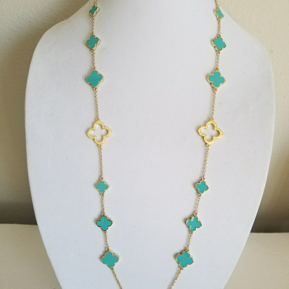gold earrings with turquoise four leaf clover. - Picture 5 of 7